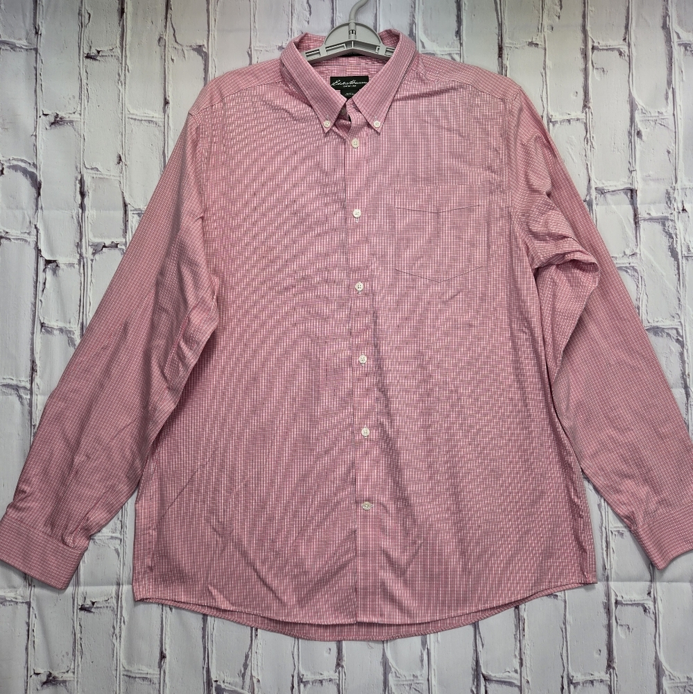 Eddie Bauer Butto Up Long Sleeve Men's Sz Xlarge Pink White Plaid Shirt Cotton